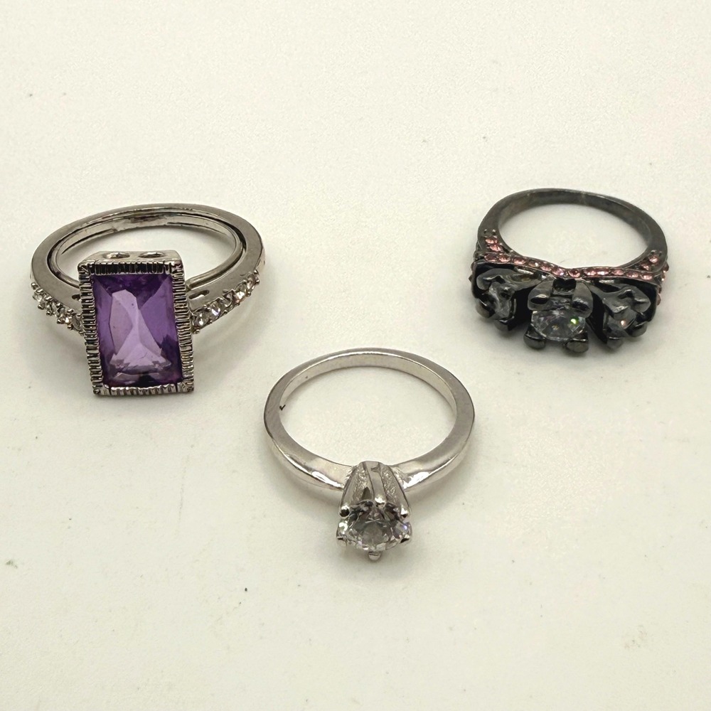 Silver Tone Ring Lot 3 Purple Stone Gunmetal Pink Accents Solitaire Sz 6.75 & 11